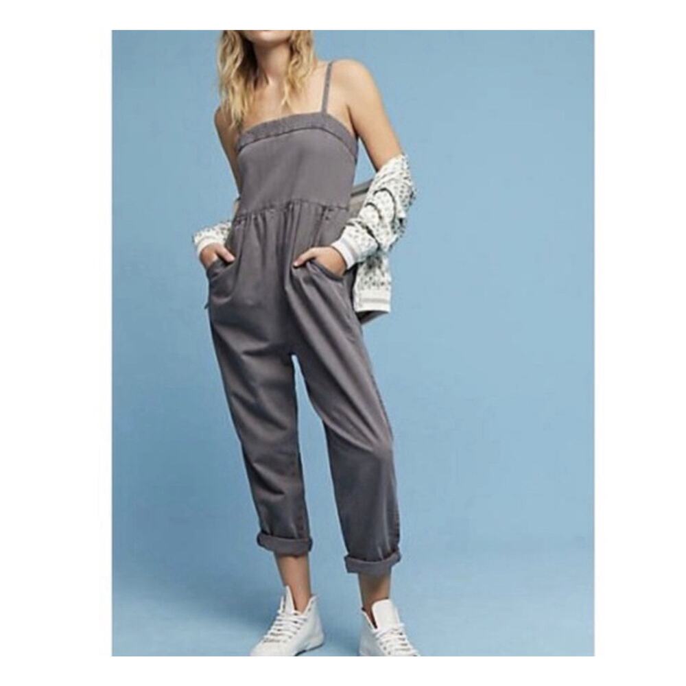 Anthropologie Gray Utility Jumpsuit Adjustable Straps Zip Back Size XS